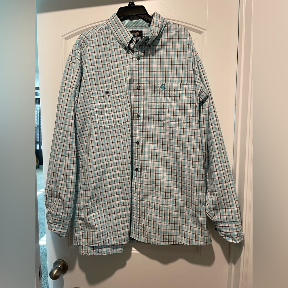 Wrangler: George Strait collection teal and grey plaid shirt